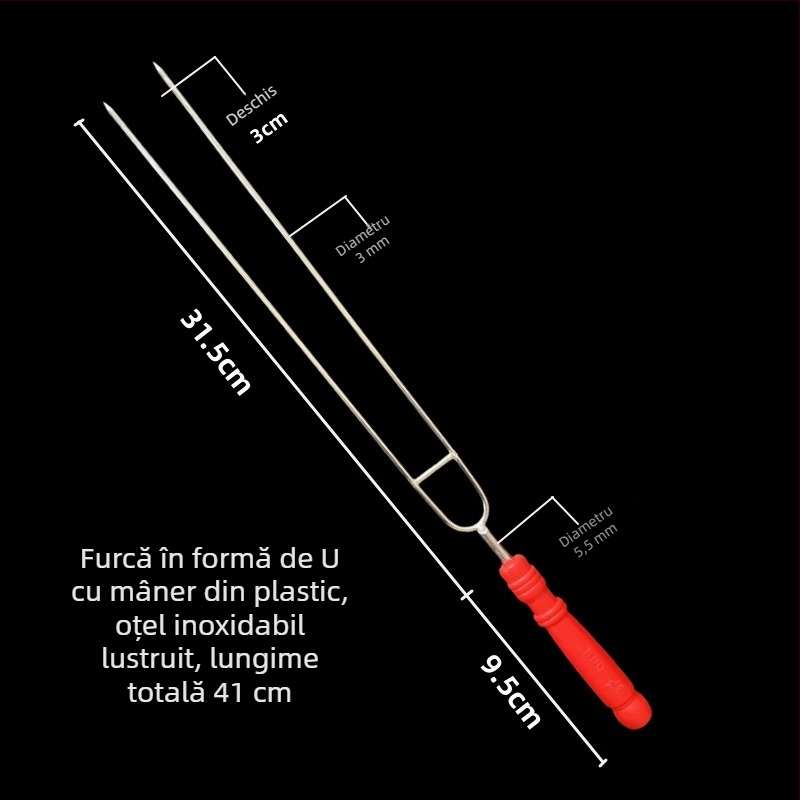 Furculițe pentru grătar din oțel inoxidabil cu cap U, vârfuri duble, mâner din lemn gros, pentru uz casnic și comercial