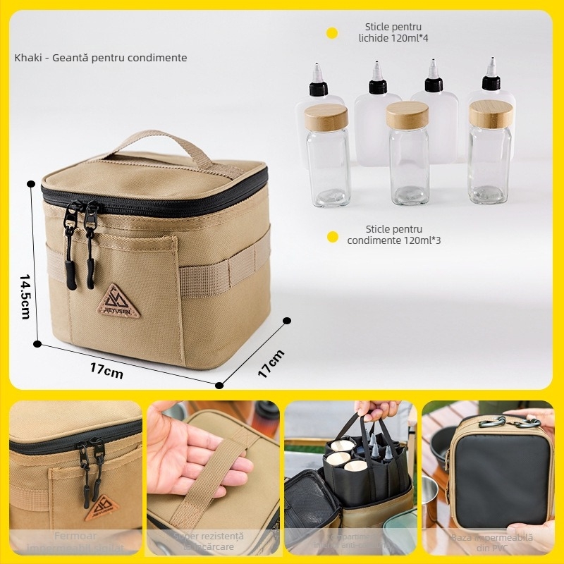 Set portabil de recipiente pentru condimente pentru camping și grătar, cu sticle dozatoare și cutie de depozitare