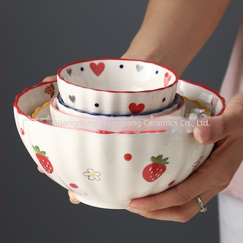 Bol de ceramică pentru masă, stil pastoral vintage, motiv căpșună, design creativ și drăguț, capacitate mare