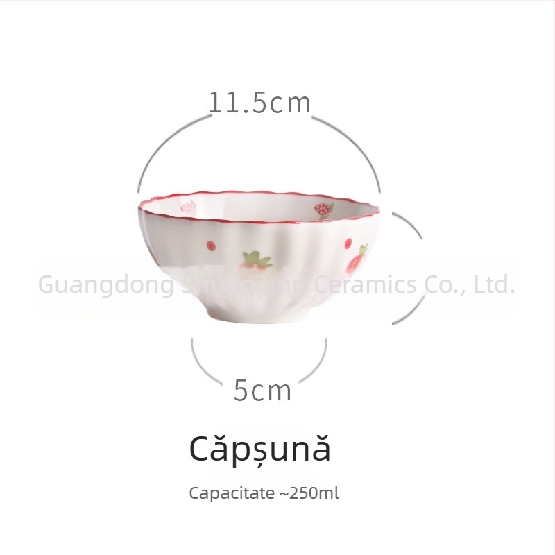 Bol de ceramică pentru masă, stil pastoral vintage, motiv căpșună, design creativ și drăguț, capacitate mare
