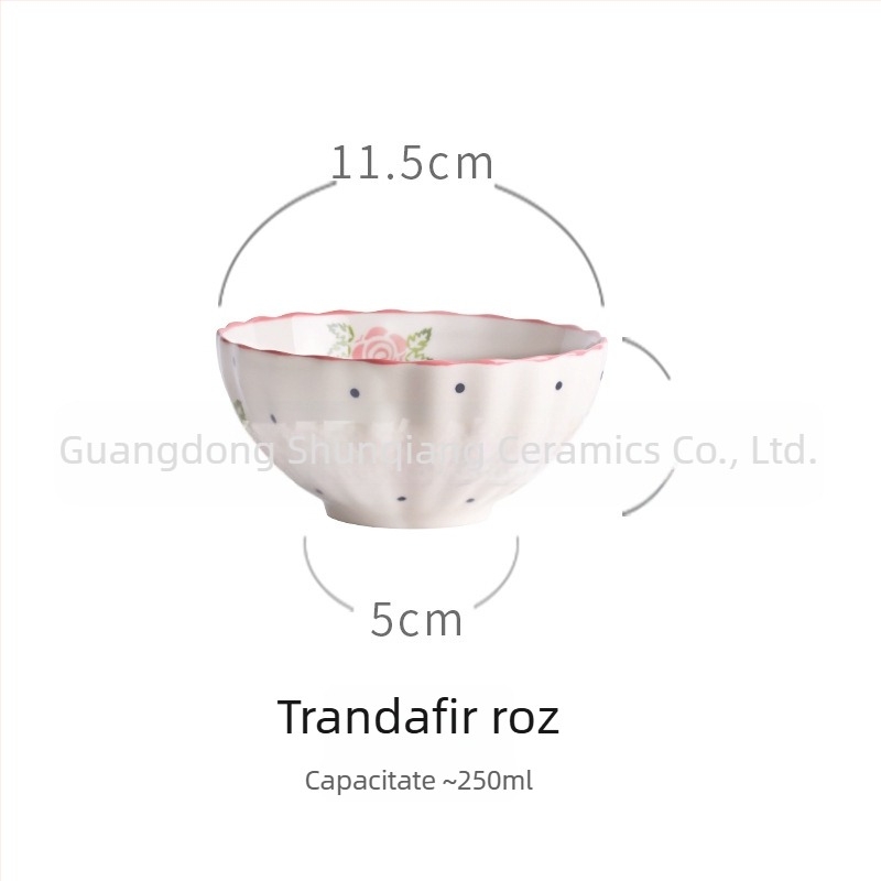 Bol de ceramică pentru masă, stil pastoral vintage, motiv căpșună, design creativ și drăguț, capacitate mare