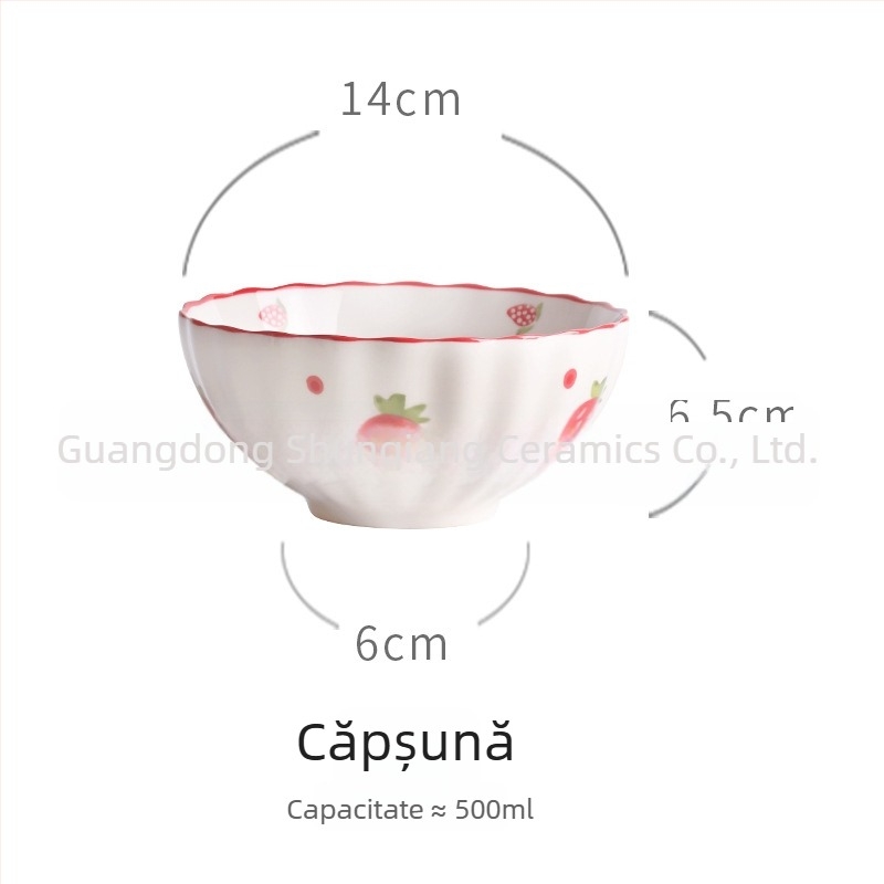 Bol de ceramică pentru masă, stil pastoral vintage, motiv căpșună, design creativ și drăguț, capacitate mare