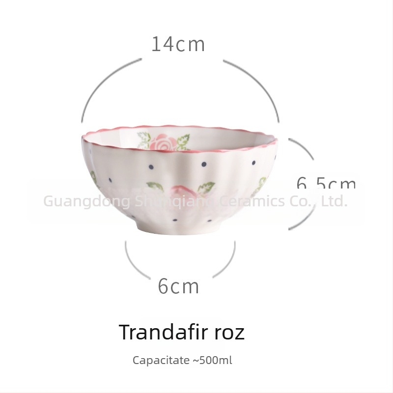 Bol de ceramică pentru masă, stil pastoral vintage, motiv căpșună, design creativ și drăguț, capacitate mare