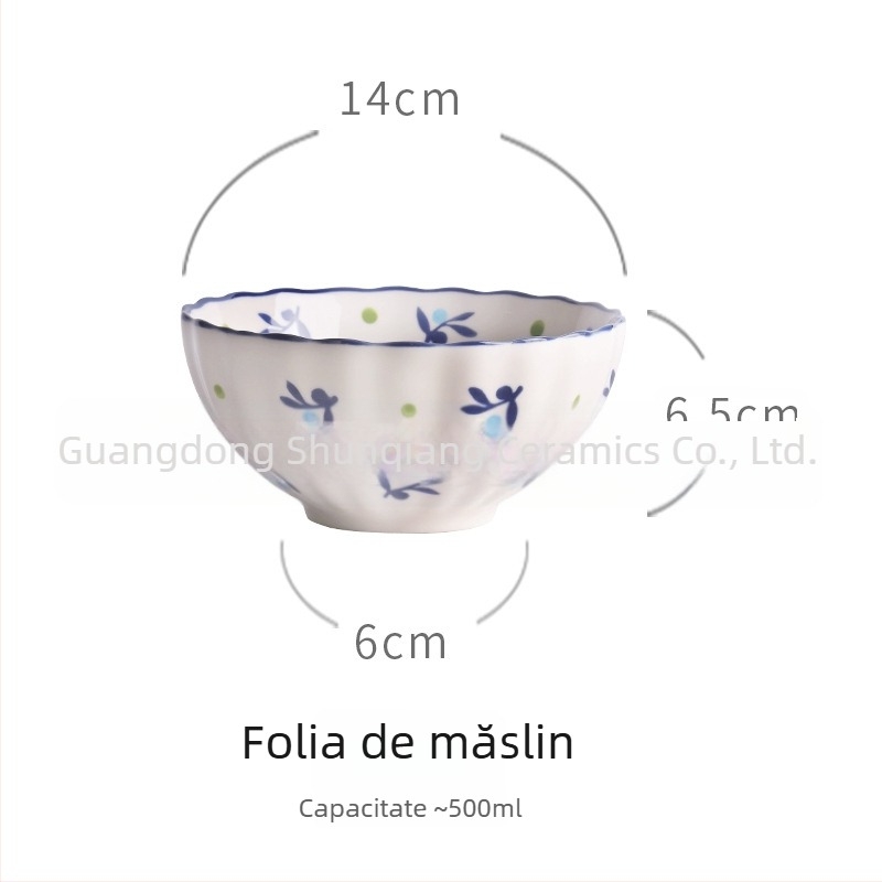 Bol de ceramică pentru masă, stil pastoral vintage, motiv căpșună, design creativ și drăguț, capacitate mare