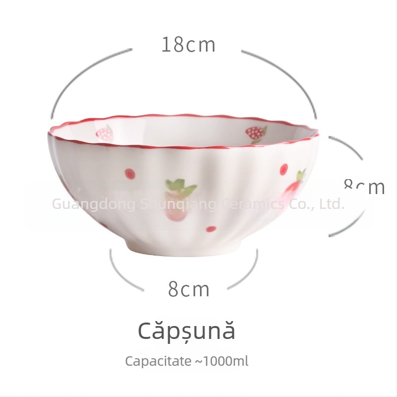 Bol de ceramică pentru masă, stil pastoral vintage, motiv căpșună, design creativ și drăguț, capacitate mare