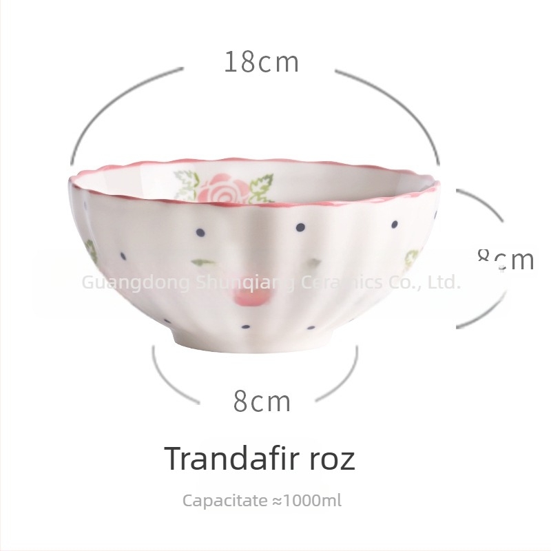 Bol de ceramică pentru masă, stil pastoral vintage, motiv căpșună, design creativ și drăguț, capacitate mare