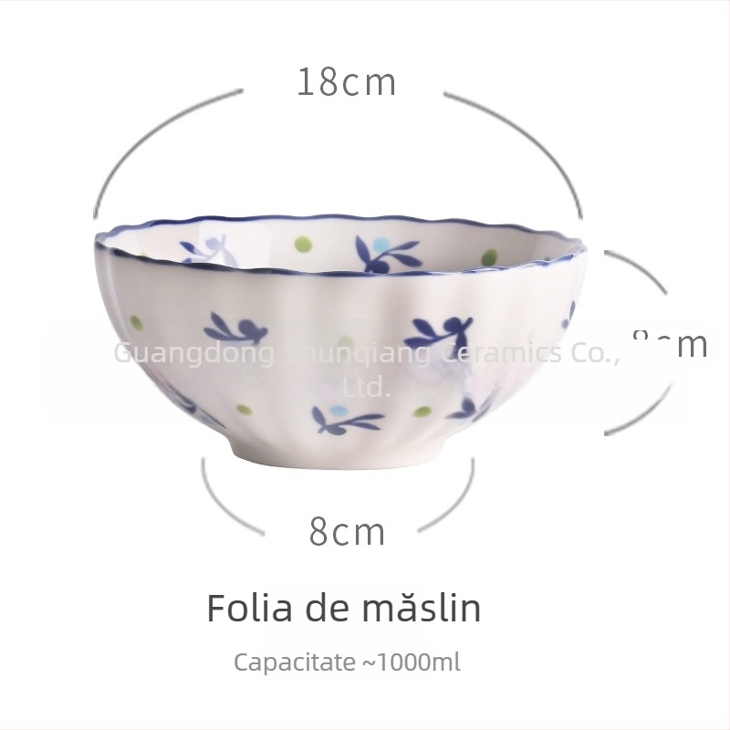 Bol de ceramică pentru masă, stil pastoral vintage, motiv căpșună, design creativ și drăguț, capacitate mare