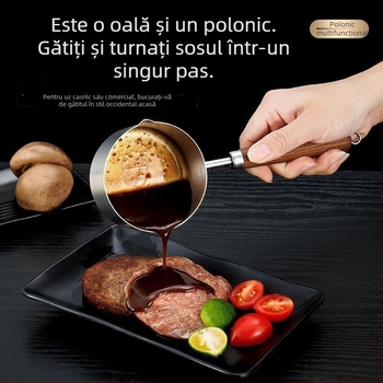 Oală mică din oțel inoxidabil 304, mâner din lemn, antiaderent, bază plată