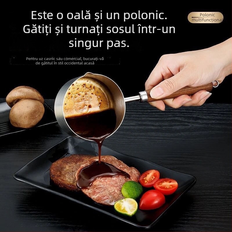 Oală mică din oțel inoxidabil 304, mâner din lemn, antiaderent, bază plată
