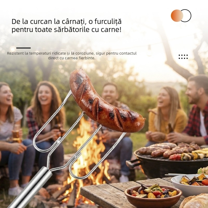 Furculiță de grătar din oțel inoxidabil cu capete multiple pentru camping și gătit în aer liber, cu frigărui și furculiță pentru friptură