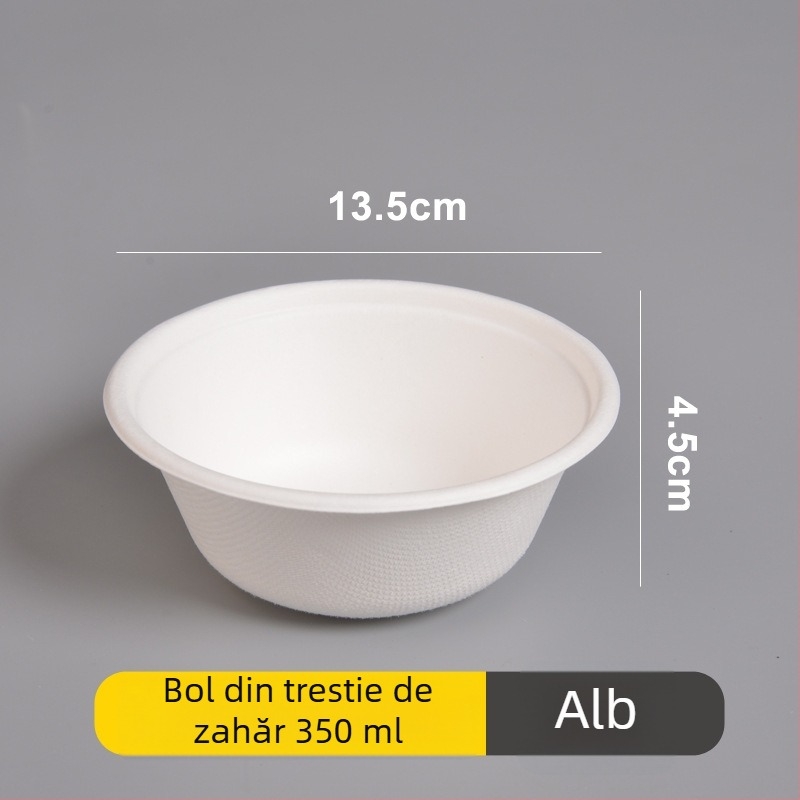 Set de farfurii, bol și bețișoare de unică folosință din hârtie, din pulpă de trestie de zahăr, formă rotundă, capacitate 260–500 ml, design îngroșat