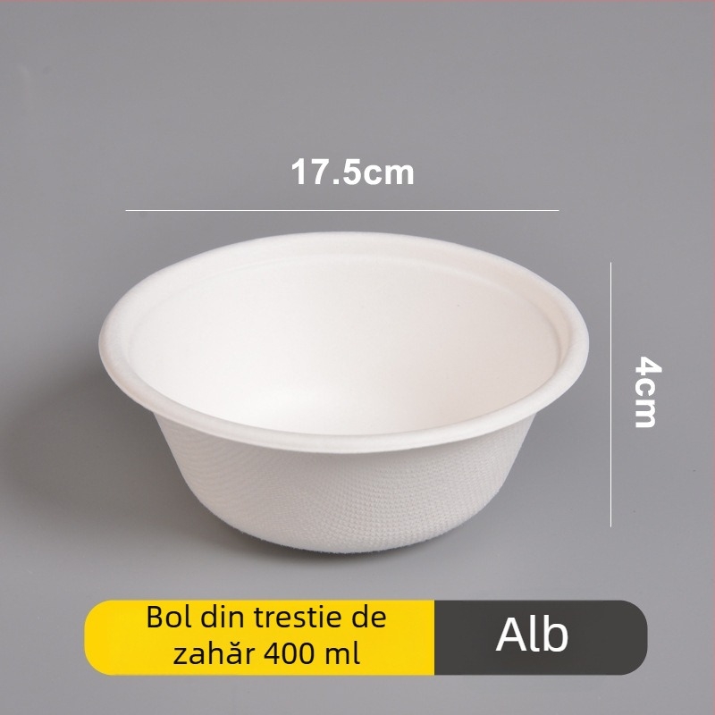 Set de farfurii, bol și bețișoare de unică folosință din hârtie, din pulpă de trestie de zahăr, formă rotundă, capacitate 260–500 ml, design îngroșat
