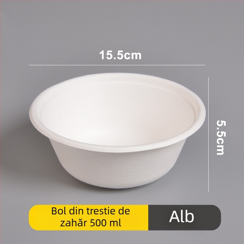 Set de farfurii, bol și bețișoare de unică folosință din hârtie, din pulpă de trestie de zahăr, formă rotundă, capacitate 260–500 ml, design îngroșat