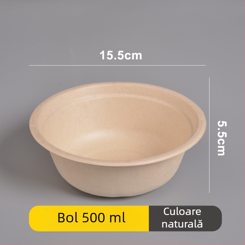 Set de farfurii, bol și bețișoare de unică folosință din hârtie, din pulpă de trestie de zahăr, formă rotundă, capacitate 260–500 ml, design îngroșat