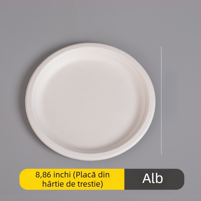 Set de farfurii, bol și bețișoare de unică folosință din hârtie, din pulpă de trestie de zahăr, formă rotundă, capacitate 260–500 ml, design îngroșat
