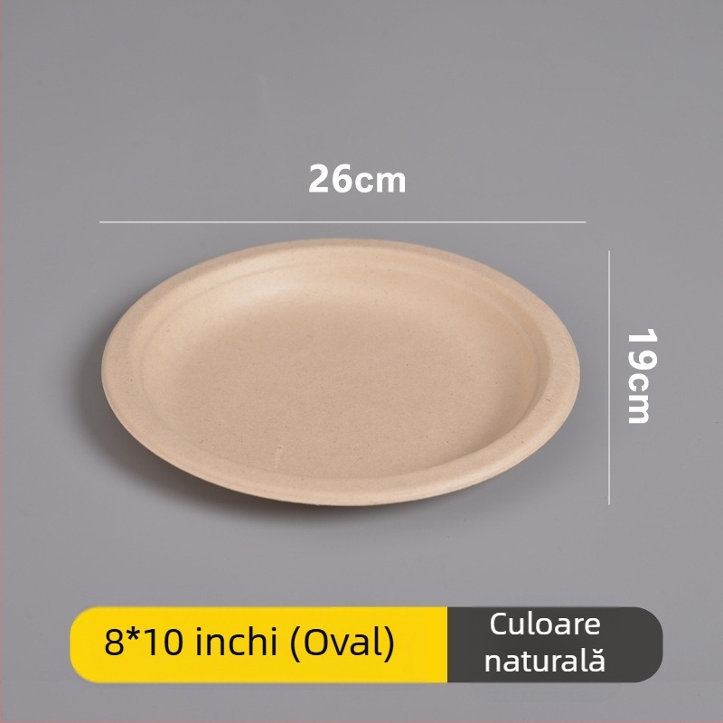 Set de farfurii, bol și bețișoare de unică folosință din hârtie, din pulpă de trestie de zahăr, formă rotundă, capacitate 260–500 ml, design îngroșat