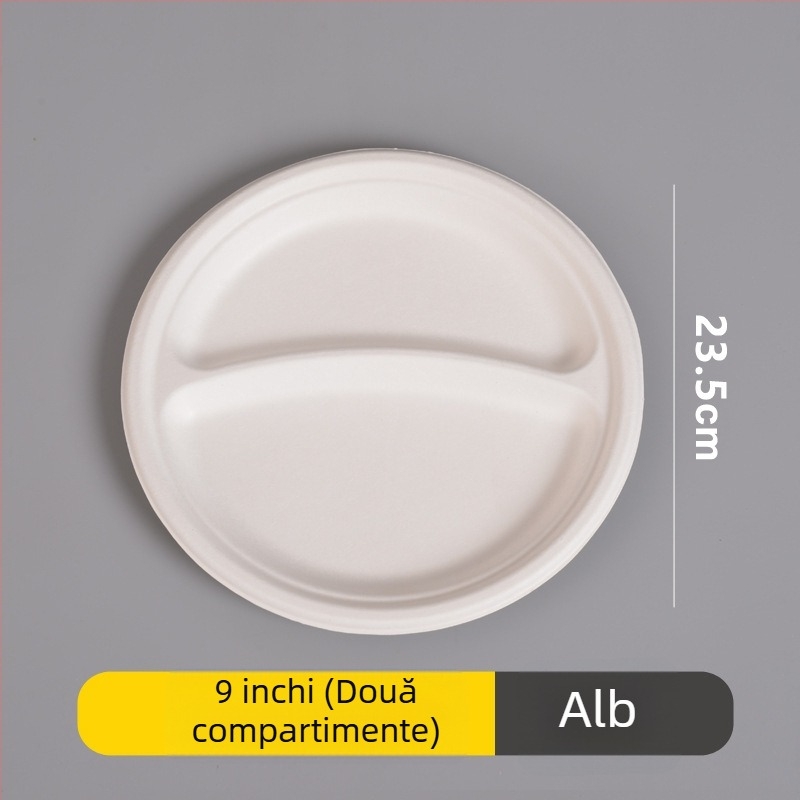 Set de farfurii, bol și bețișoare de unică folosință din hârtie, din pulpă de trestie de zahăr, formă rotundă, capacitate 260–500 ml, design îngroșat