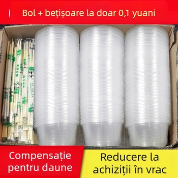 Set de tacâmuri de unică folosință cu boluri de supă din plastic, cutie pentru prânz și bețișoare; plastic îngroșat, ambalaj în lot