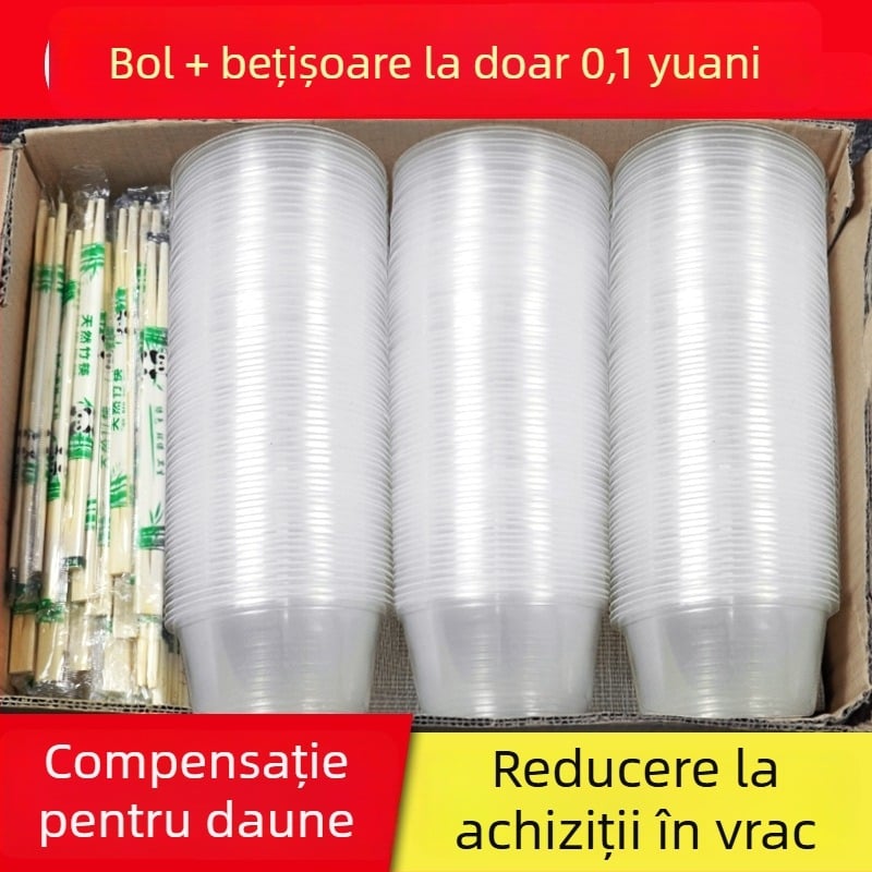 Set de tacâmuri de unică folosință cu boluri de supă din plastic, cutie pentru prânz și bețișoare; plastic îngroșat, ambalaj în lot