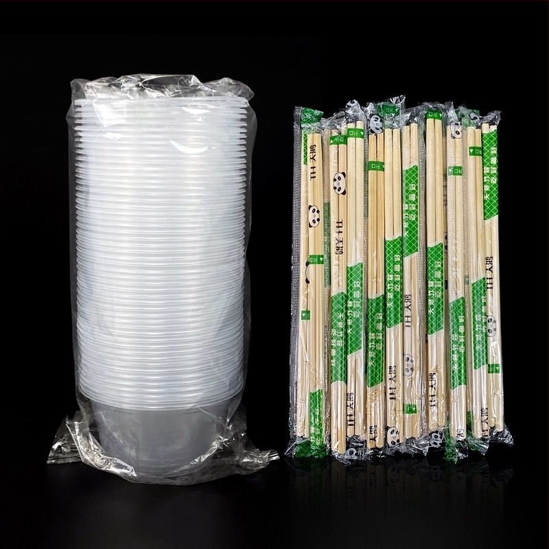 Set de tacâmuri de unică folosință cu boluri de supă din plastic, cutie pentru prânz și bețișoare; plastic îngroșat, ambalaj în lot