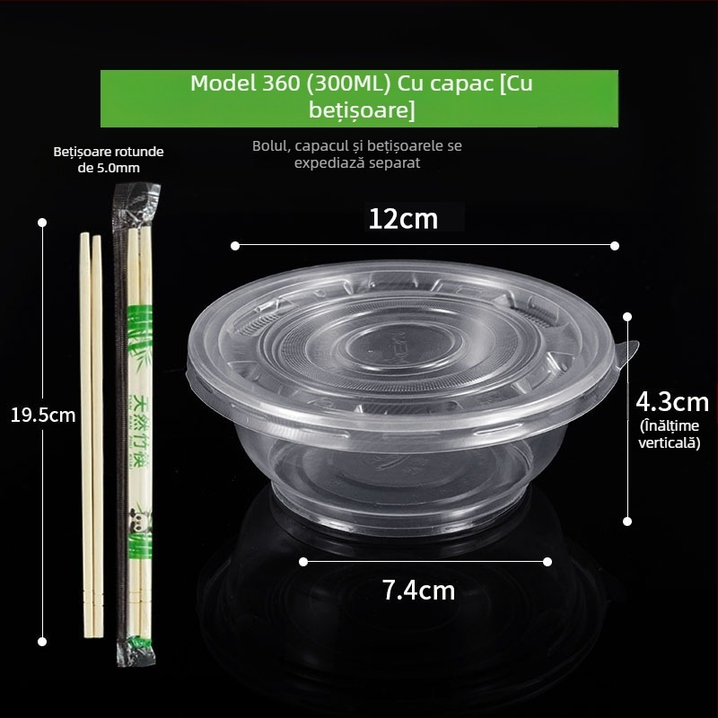 Set de tacâmuri de unică folosință cu boluri de supă din plastic, cutie pentru prânz și bețișoare; plastic îngroșat, ambalaj în lot