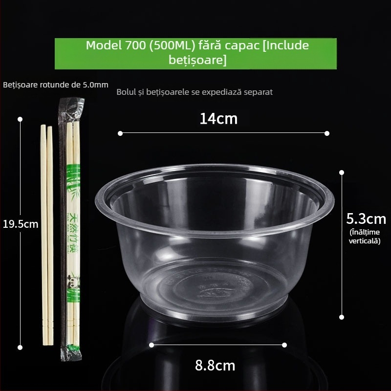 Set de tacâmuri de unică folosință cu boluri de supă din plastic, cutie pentru prânz și bețișoare; plastic îngroșat, ambalaj în lot