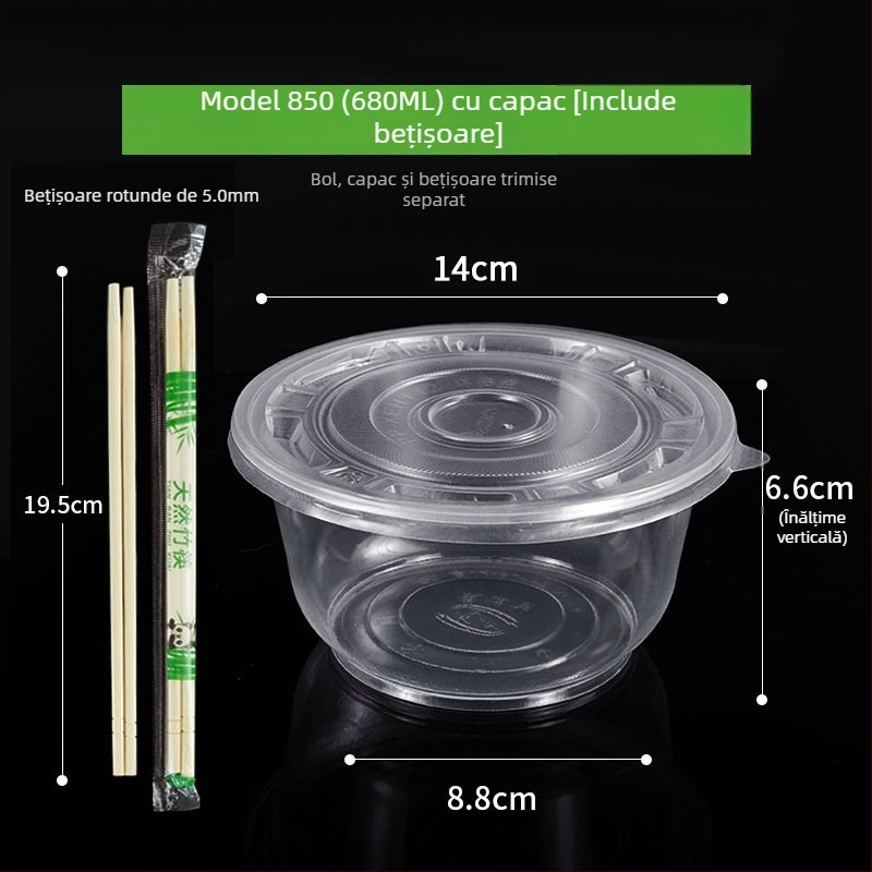 Set de tacâmuri de unică folosință cu boluri de supă din plastic, cutie pentru prânz și bețișoare; plastic îngroșat, ambalaj în lot