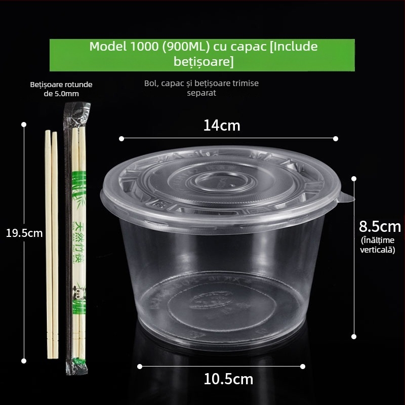 Set de tacâmuri de unică folosință cu boluri de supă din plastic, cutie pentru prânz și bețișoare; plastic îngroșat, ambalaj în lot