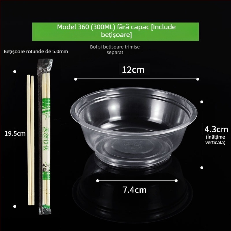 Set de tacâmuri de unică folosință cu boluri de supă din plastic, cutie pentru prânz și bețișoare; plastic îngroșat, ambalaj în lot