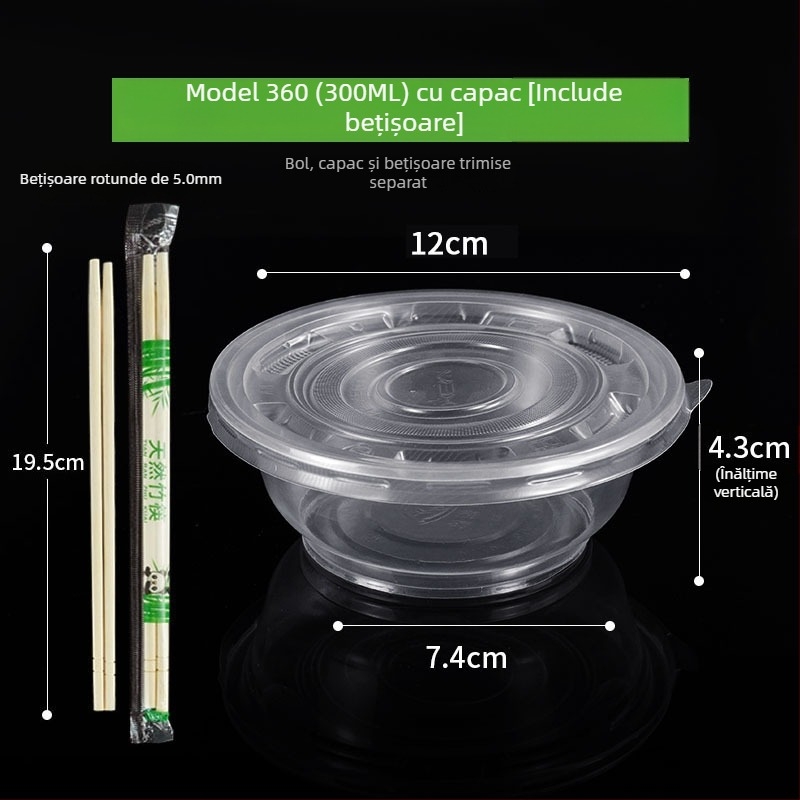 Set de tacâmuri de unică folosință cu boluri de supă din plastic, cutie pentru prânz și bețișoare; plastic îngroșat, ambalaj în lot