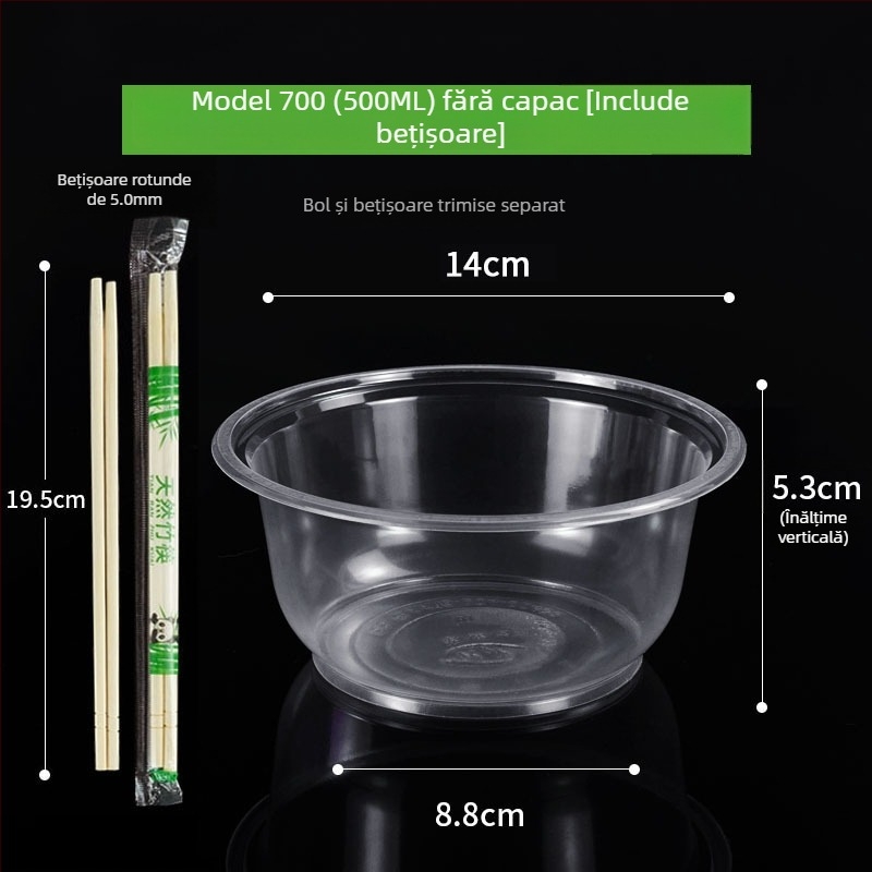 Set de tacâmuri de unică folosință cu boluri de supă din plastic, cutie pentru prânz și bețișoare; plastic îngroșat, ambalaj în lot