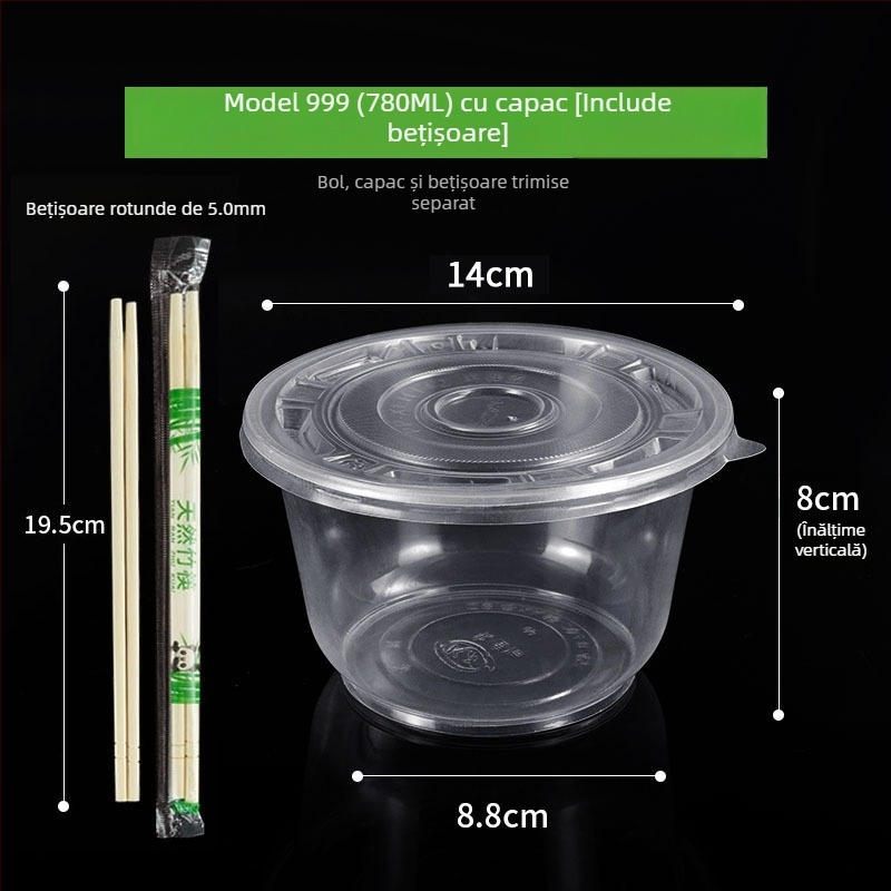 Set de tacâmuri de unică folosință cu boluri de supă din plastic, cutie pentru prânz și bețișoare; plastic îngroșat, ambalaj în lot