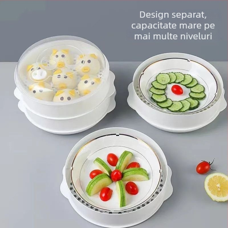 Coș de aburi din plastic pentru microunde, cu capac, suport de aburi pentru încălzirea meselor și a chiflelor, ustensile de bucătărie