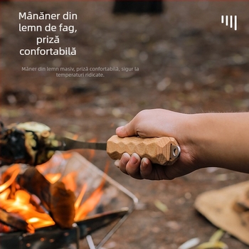 furculiță de grătar în aer liber cu mâner din fag și oțel inoxidabil, formă U pentru camping