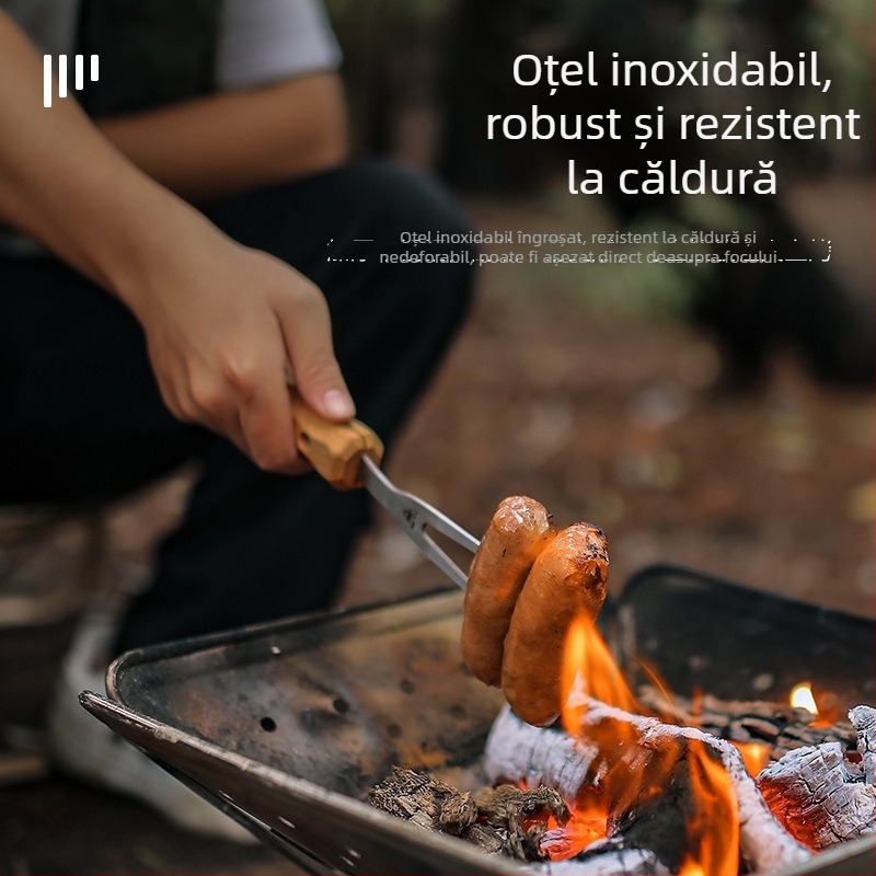 furculiță de grătar în aer liber cu mâner din fag și oțel inoxidabil, formă U pentru camping