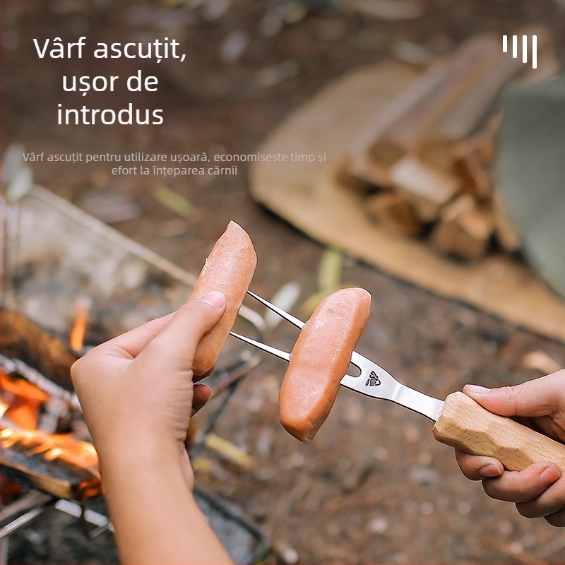 furculiță de grătar în aer liber cu mâner din fag și oțel inoxidabil, formă U pentru camping