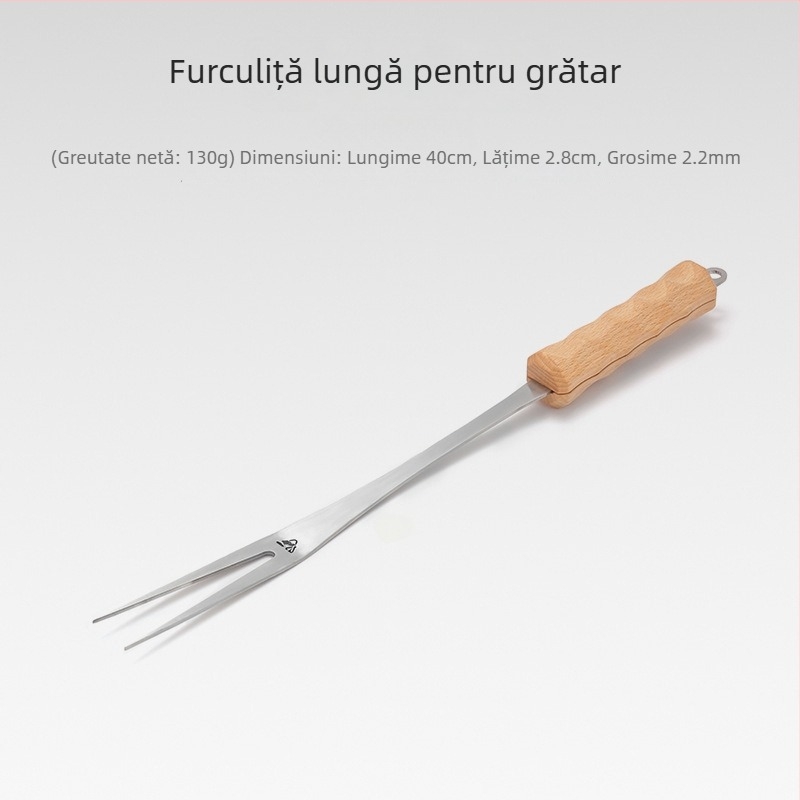furculiță de grătar în aer liber cu mâner din fag și oțel inoxidabil, formă U pentru camping