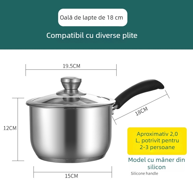 Oală din oțel inoxidabil gros, pentru lapte, abur și supă, uz casnic, 1,1–2 L
