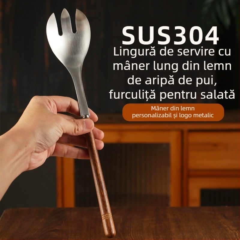 Set linguri pentru salată din oțel inoxidabil 304, design vintage creativ, lingură de amestec din lemn cu mâner lung și furculiță pentru pește