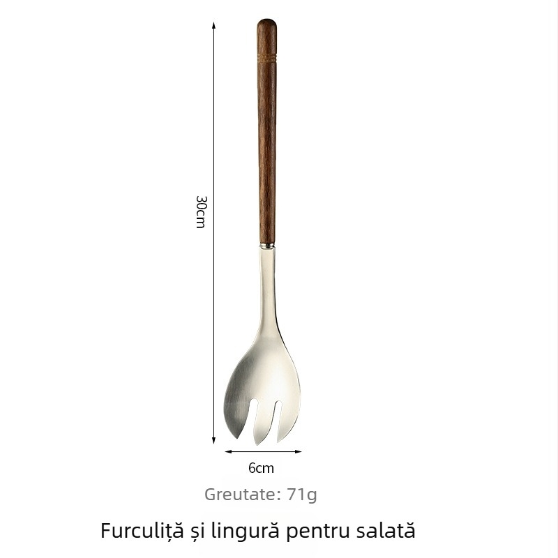 Set linguri pentru salată din oțel inoxidabil 304, design vintage creativ, lingură de amestec din lemn cu mâner lung și furculiță pentru pește