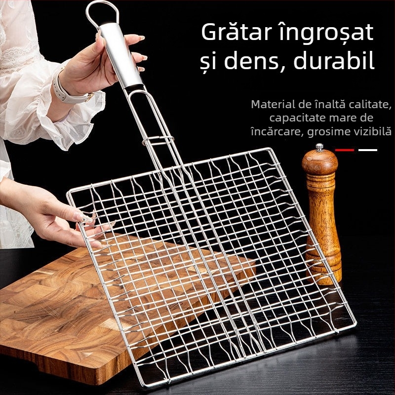Gril din oțel inoxidabil pentru exterior, cu cleme pentru pește, cleme pentru legume, plasă pentru carne și tavă de coacere pliabilă