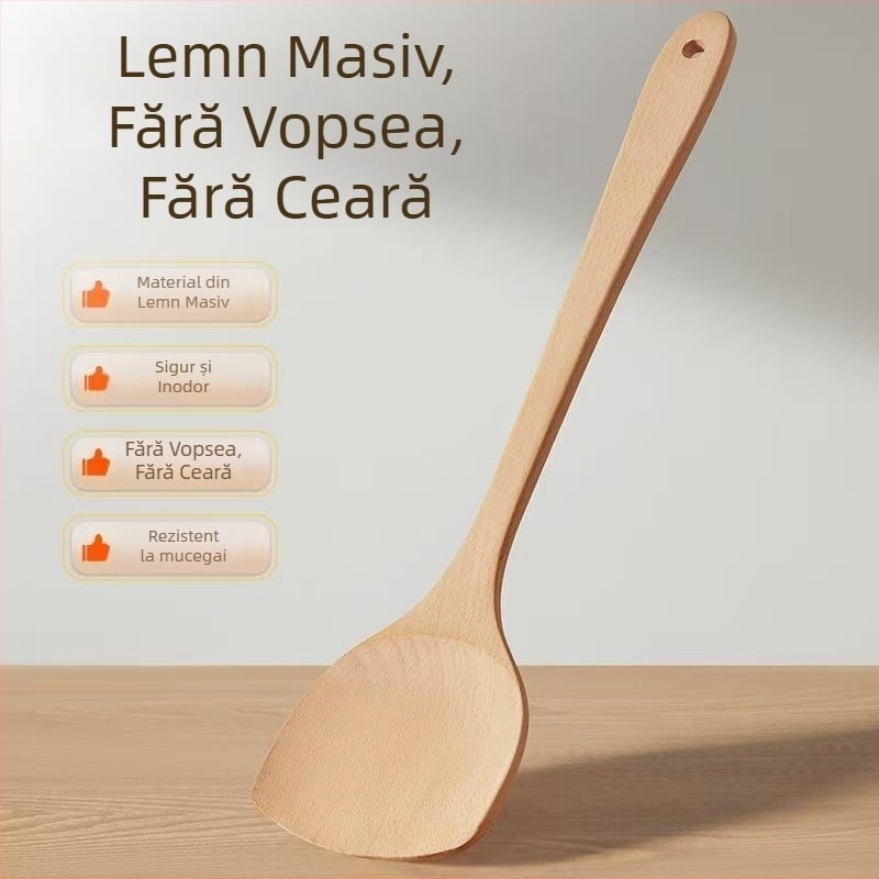 Lopată din lemn cu mâner lung pentru tigăi antiaderente, rezistentă la temperaturi înalte