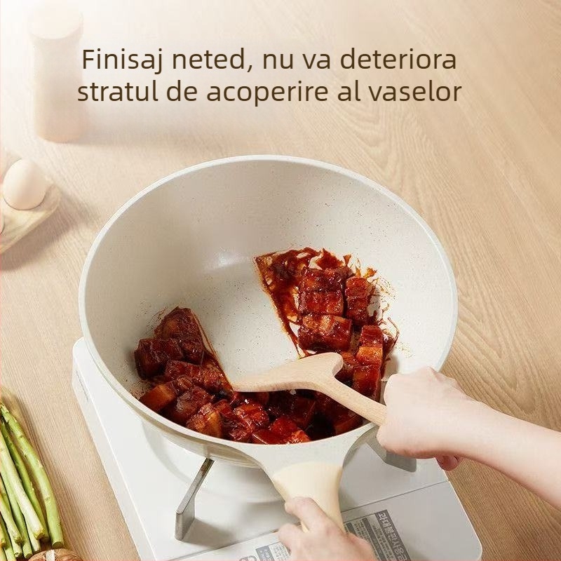 Lopată din lemn cu mâner lung pentru tigăi antiaderente, rezistentă la temperaturi înalte