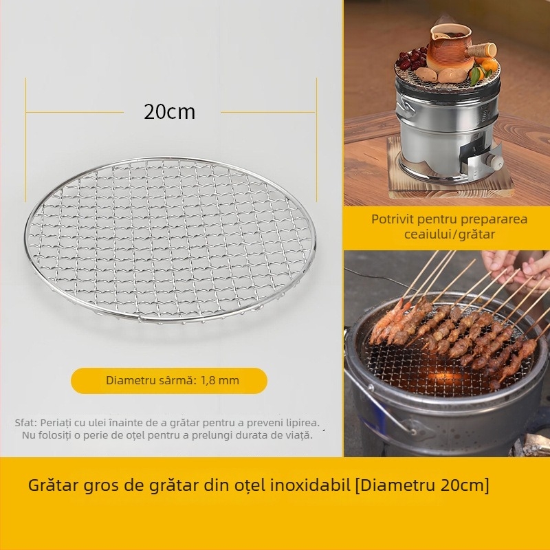 Grilă rotundă din oțel inoxidabil, diametru 20/22 cm, plasă groasă pentru grătar, pentru cărbune și lemn, plasă pentru infuzarea ceaiului