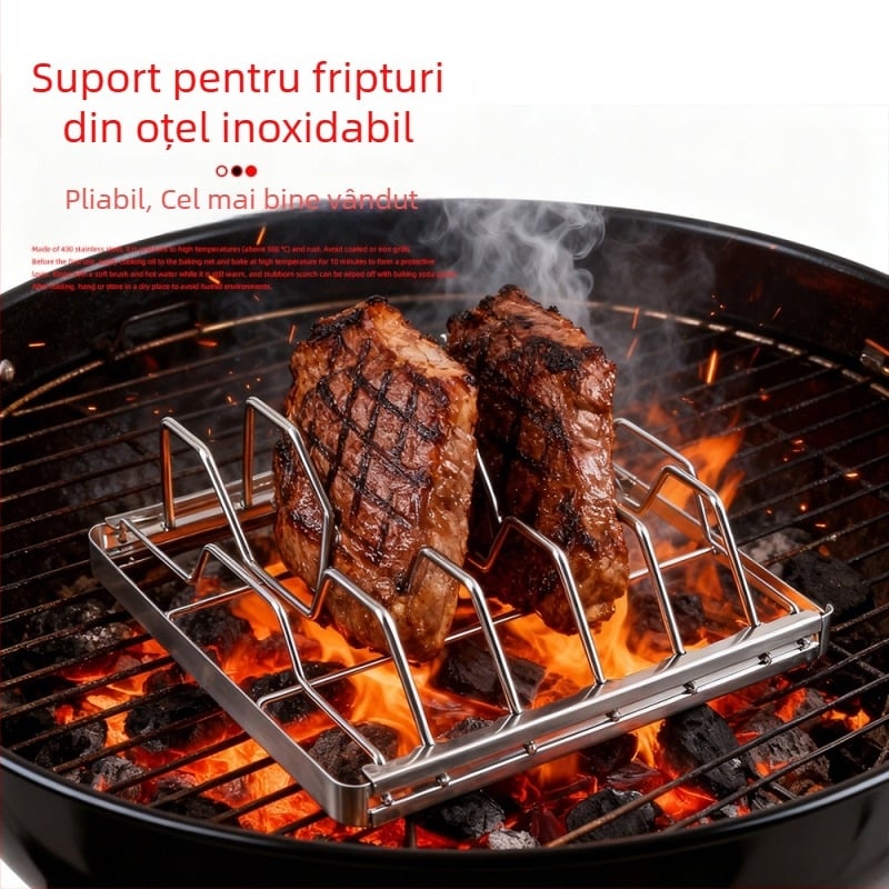 Suport portabil din oțel inoxidabil pentru coaste la grătar, pliabil pentru exterior