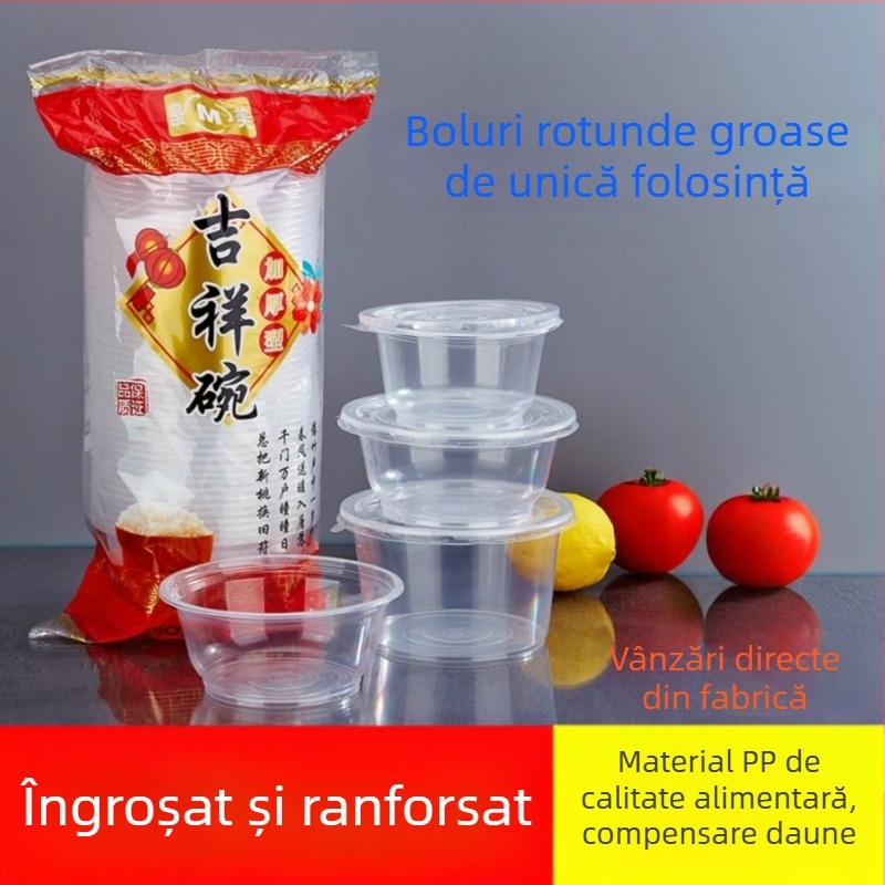 Vasuri de unică folosință, circulare, cu pereți îngroșați, pentru takeout și supe cu tăiței, din plastic, set de dimensiuni variate