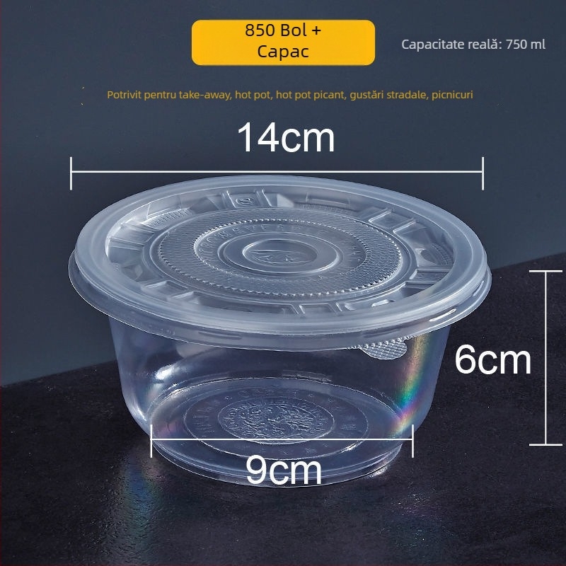Vasuri de unică folosință, circulare, cu pereți îngroșați, pentru takeout și supe cu tăiței, din plastic, set de dimensiuni variate