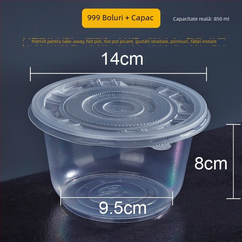 Vasuri de unică folosință, circulare, cu pereți îngroșați, pentru takeout și supe cu tăiței, din plastic, set de dimensiuni variate