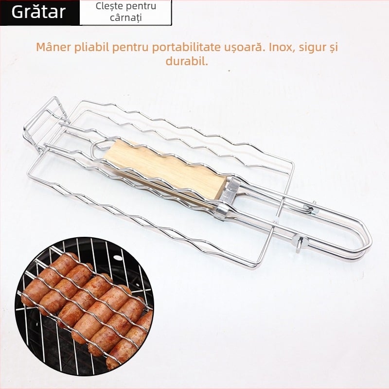 Grilă din oțel inoxidabil pentru hot dog și cârnați, plasă detașabilă și pliabilă, suport exterior de grătar