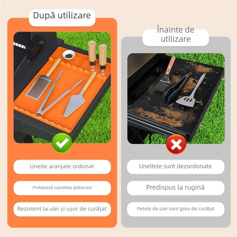 Covor din silicon pentru grătar cu suport lateral, protecție pentru tavă și pernă de scurgere a uleiului – piatră neagră